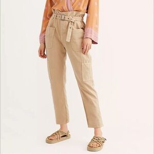 Free People Pants Womens 8 Percy Paper Bag Cargo‎ Khaki Capri High Rise Cotton
